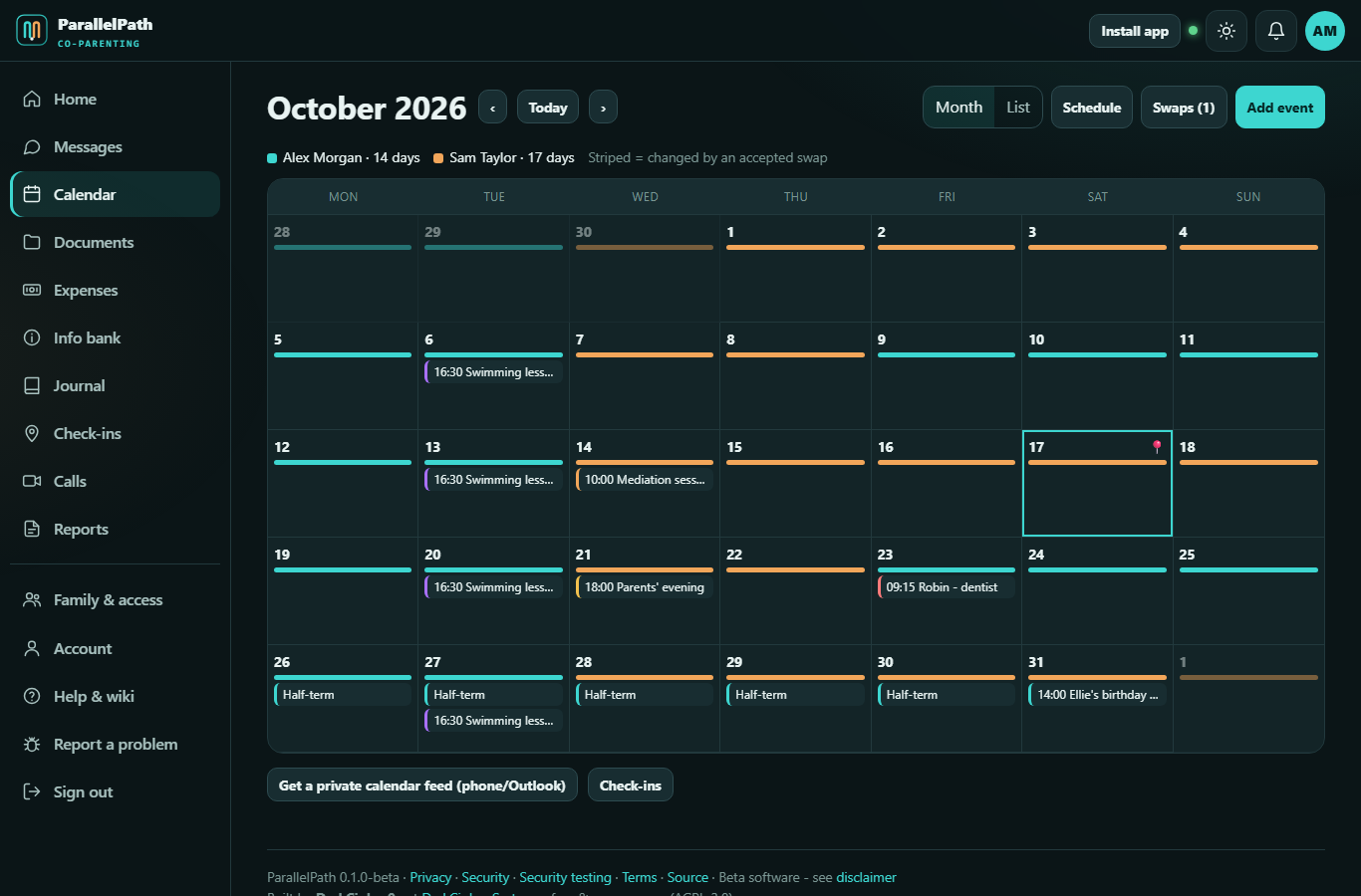 Calendar month view in dark mode
