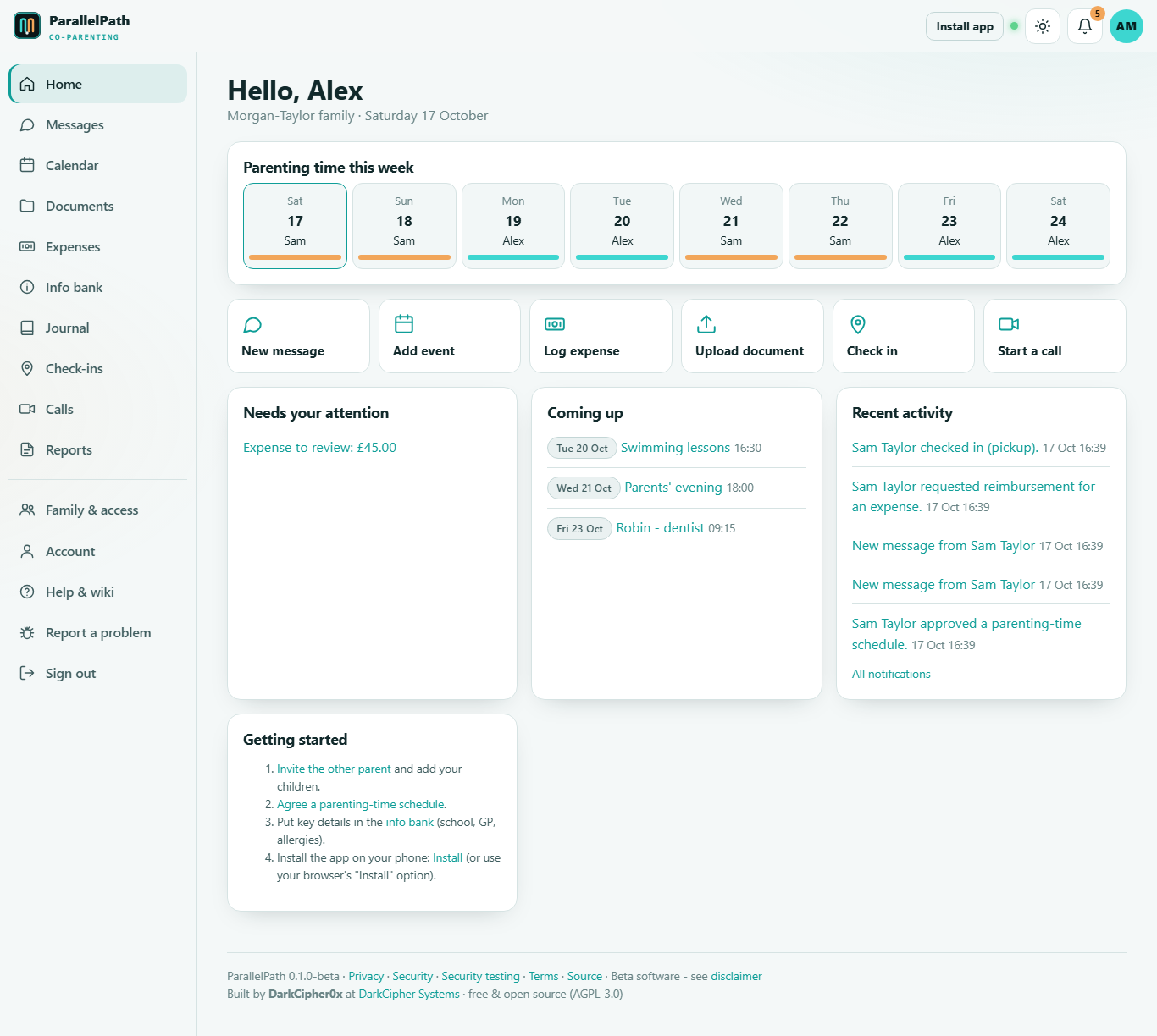 ParallelPath dashboard showing this week's parenting time and quick actions