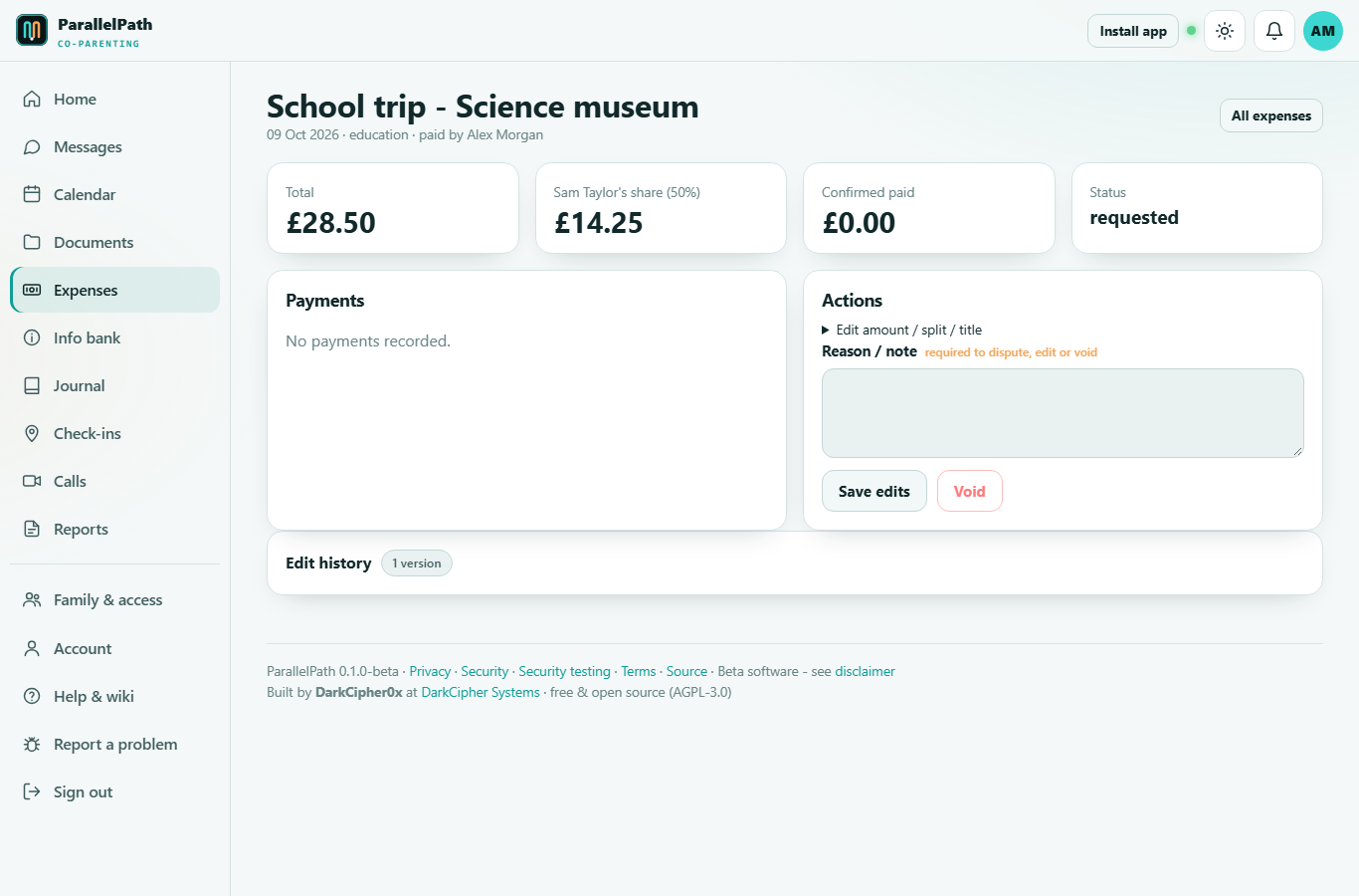 Expense with payment confirmation